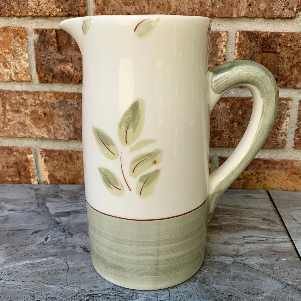 Faianca Subtil Pitcher Made In Portugal Cream Sage Green Leaves 8.5
